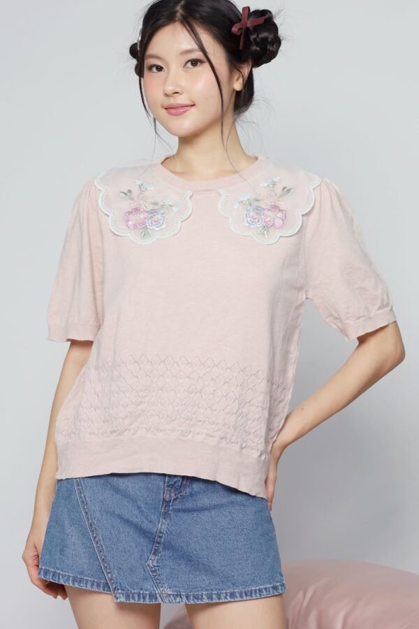 JOY - Miko Floral Embellishment Knit Top in Pastel Pink - Image 5