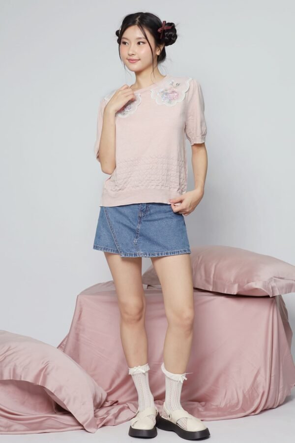 JOY - Miko Floral Embellishment Knit Top in Pastel Pink - Image 6