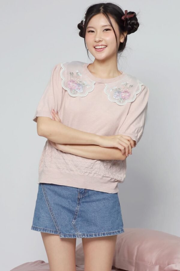 JOY - Miko Floral Embellishment Knit Top in Pastel Pink - Image 3