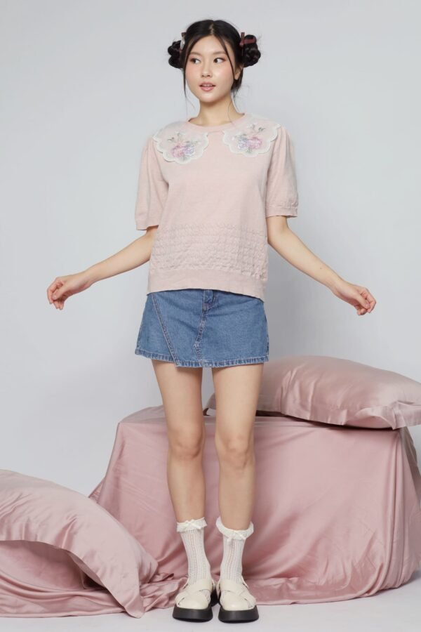 JOY - Miko Floral Embellishment Knit Top in Pastel Pink - Image 2