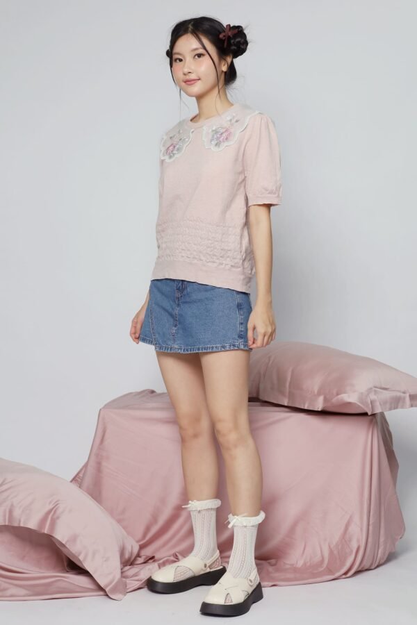 JOY - Miko Floral Embellishment Knit Top in Pastel Pink - Image 4