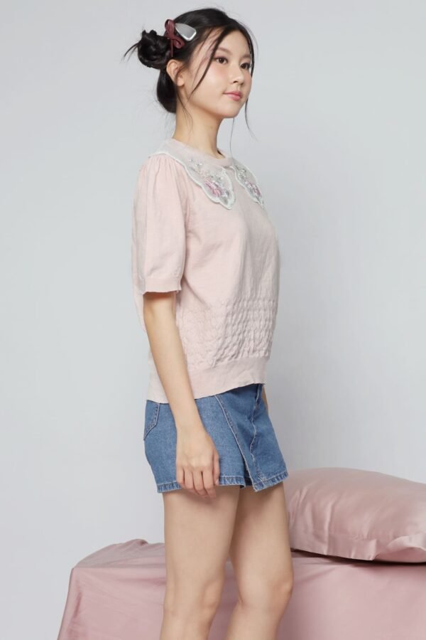 JOY - Miko Floral Embellishment Knit Top in Pastel Pink - Image 7